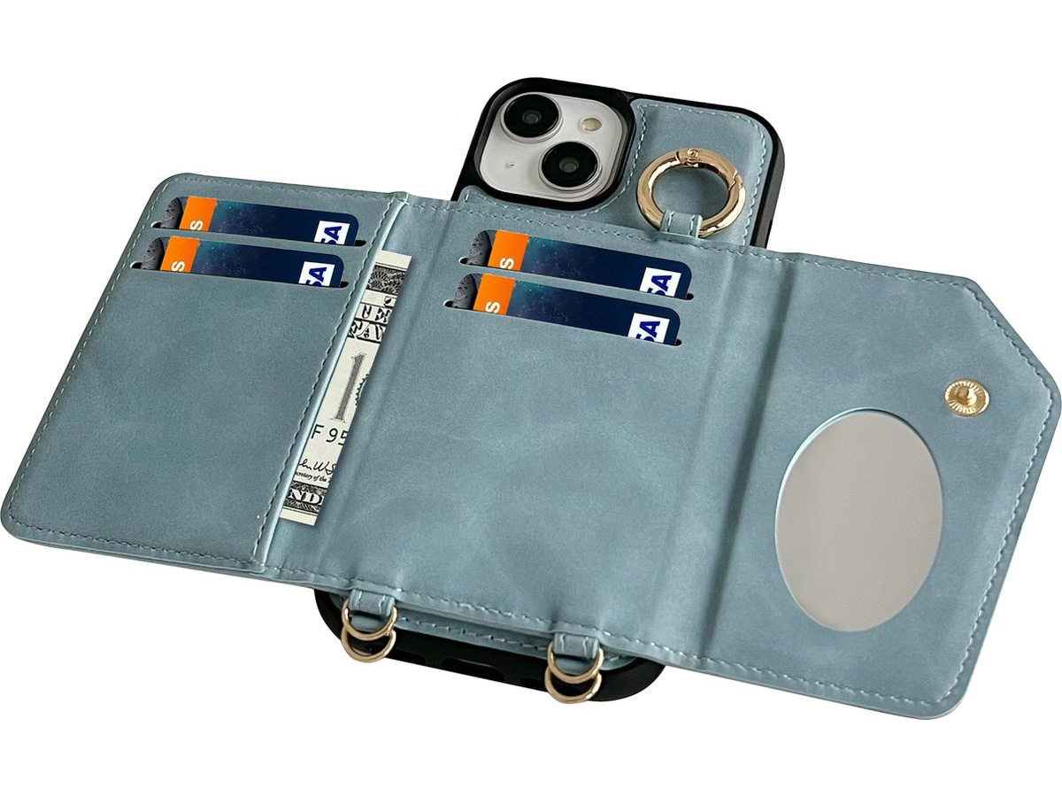 CaseMania 2in1 Koord Case met MagSafe Spiegel Wallet Aqua - iPhone 14 Hoesje