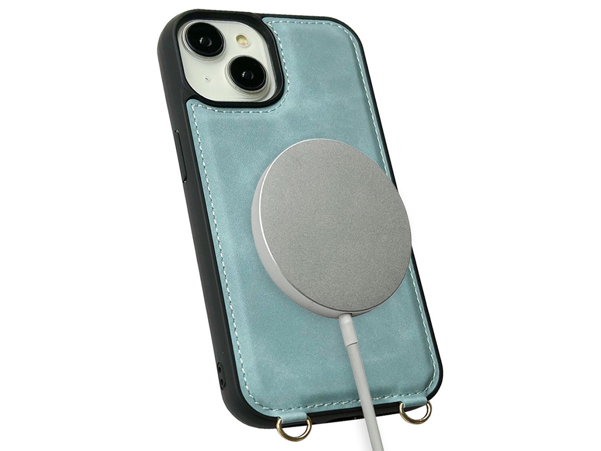 CaseMania 2in1 Koord Case met MagSafe Spiegel Wallet Aqua - iPhone 14 Hoesje