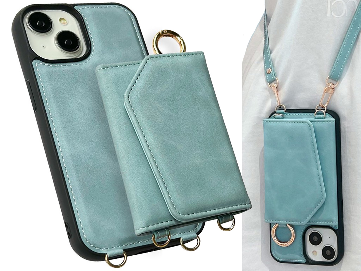 CaseMania 2in1 Koord Case met MagSafe Spiegel Wallet Aqua - iPhone 14 Hoesje