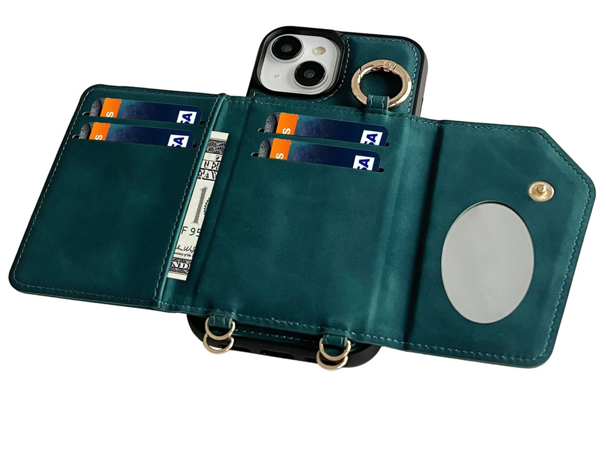 CaseMania 2in1 Koord Case met MagSafe Spiegel Wallet Groen - iPhone 14 Hoesje