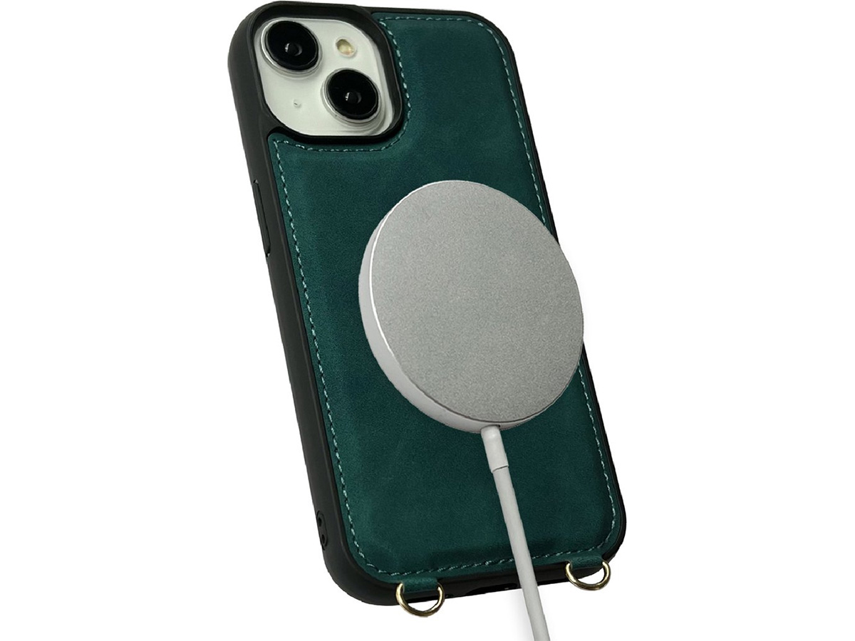 CaseMania 2in1 Koord Case met MagSafe Spiegel Wallet Groen - iPhone 14 Hoesje