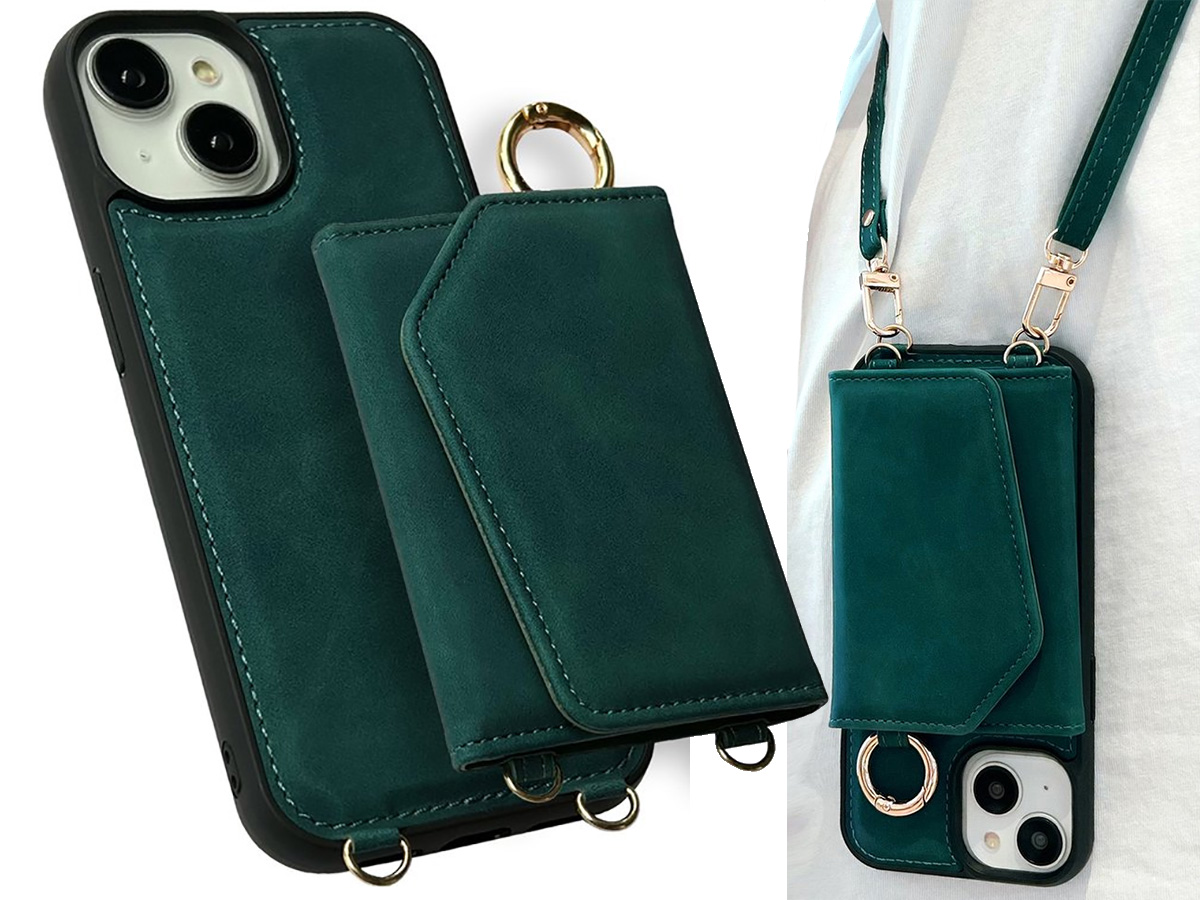 CaseMania 2in1 Koord Case met MagSafe Spiegel Wallet Groen - iPhone 14 Hoesje