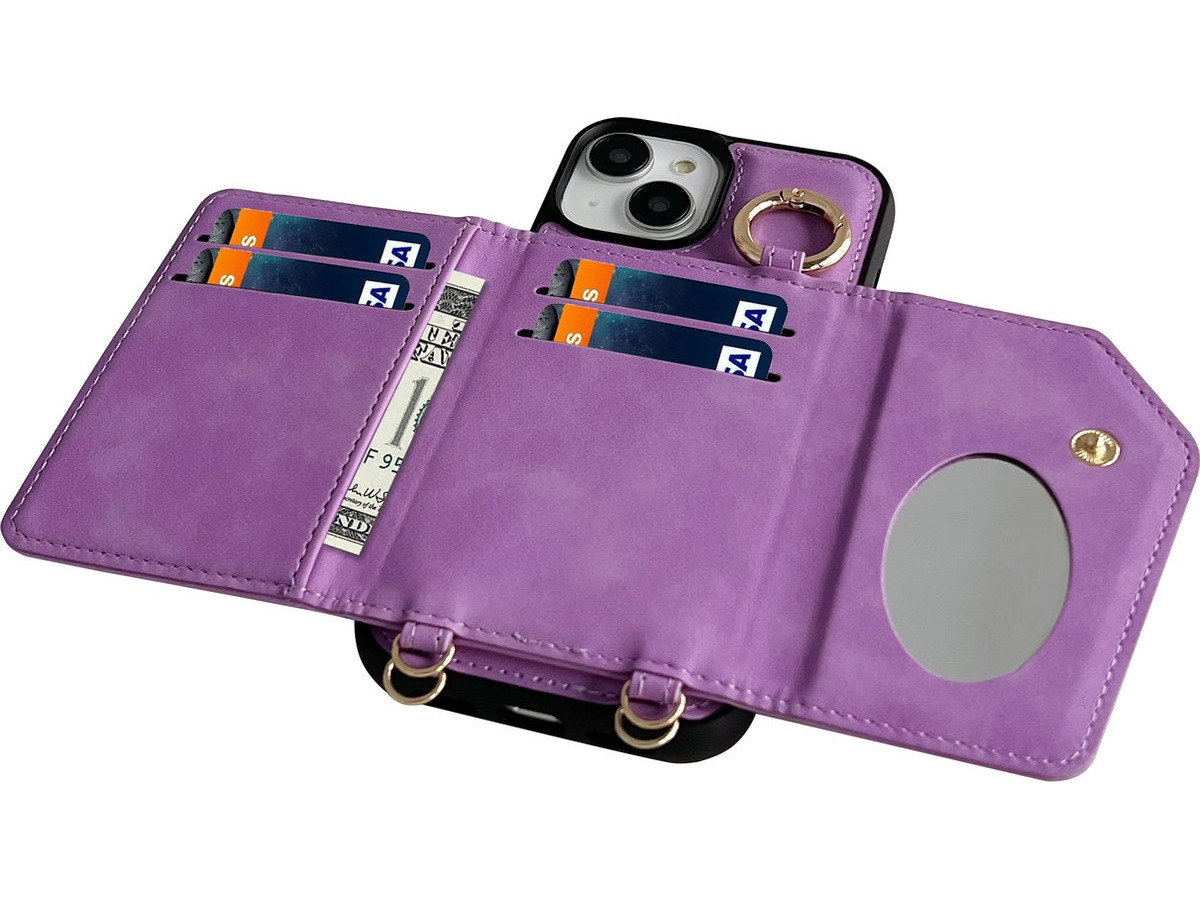 CaseMania 2in1 Koord Case met MagSafe Spiegel Wallet Paars - iPhone 14 Hoesje