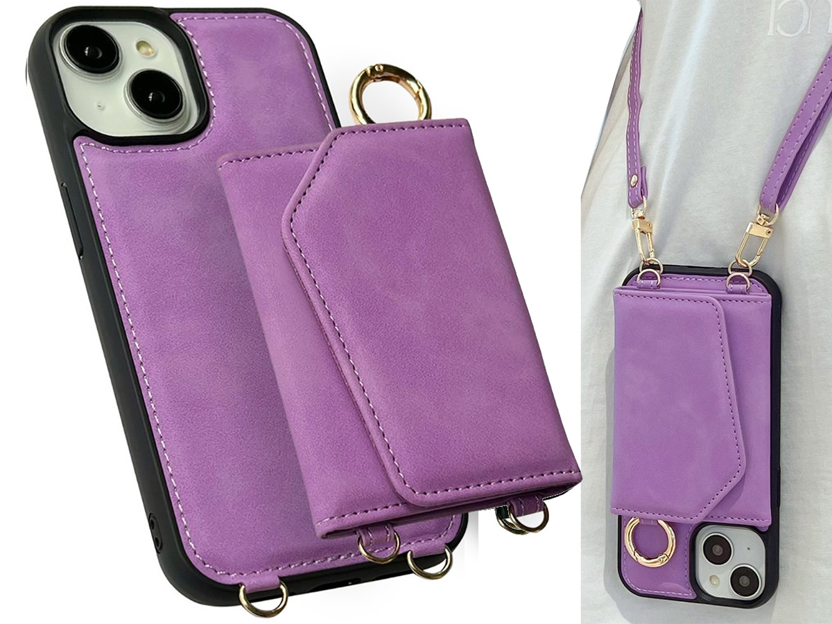 CaseMania 2in1 Koord Case met MagSafe Spiegel Wallet Paars - iPhone 14 Hoesje