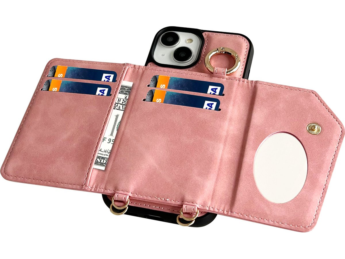 CaseMania 2in1 Koord Case met MagSafe Spiegel Wallet Roze - iPhone 14 Hoesje