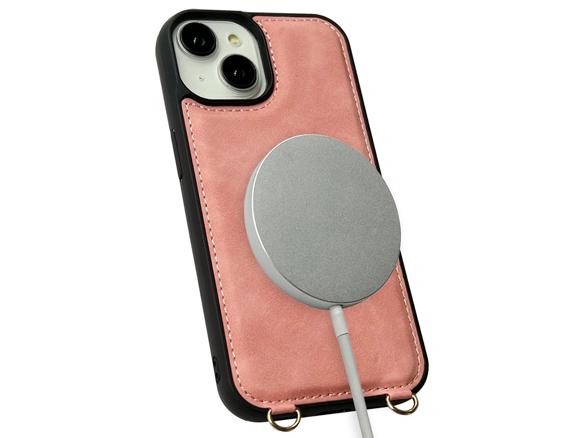 CaseMania 2in1 Koord Case met MagSafe Spiegel Wallet Roze - iPhone 14 Hoesje