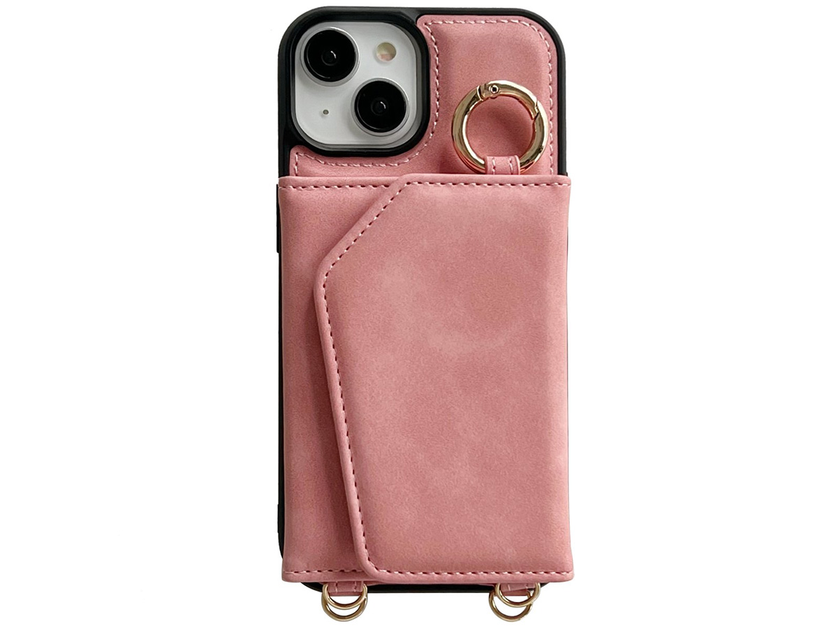 CaseMania 2in1 Koord Case met MagSafe Spiegel Wallet Roze - iPhone 14 Hoesje