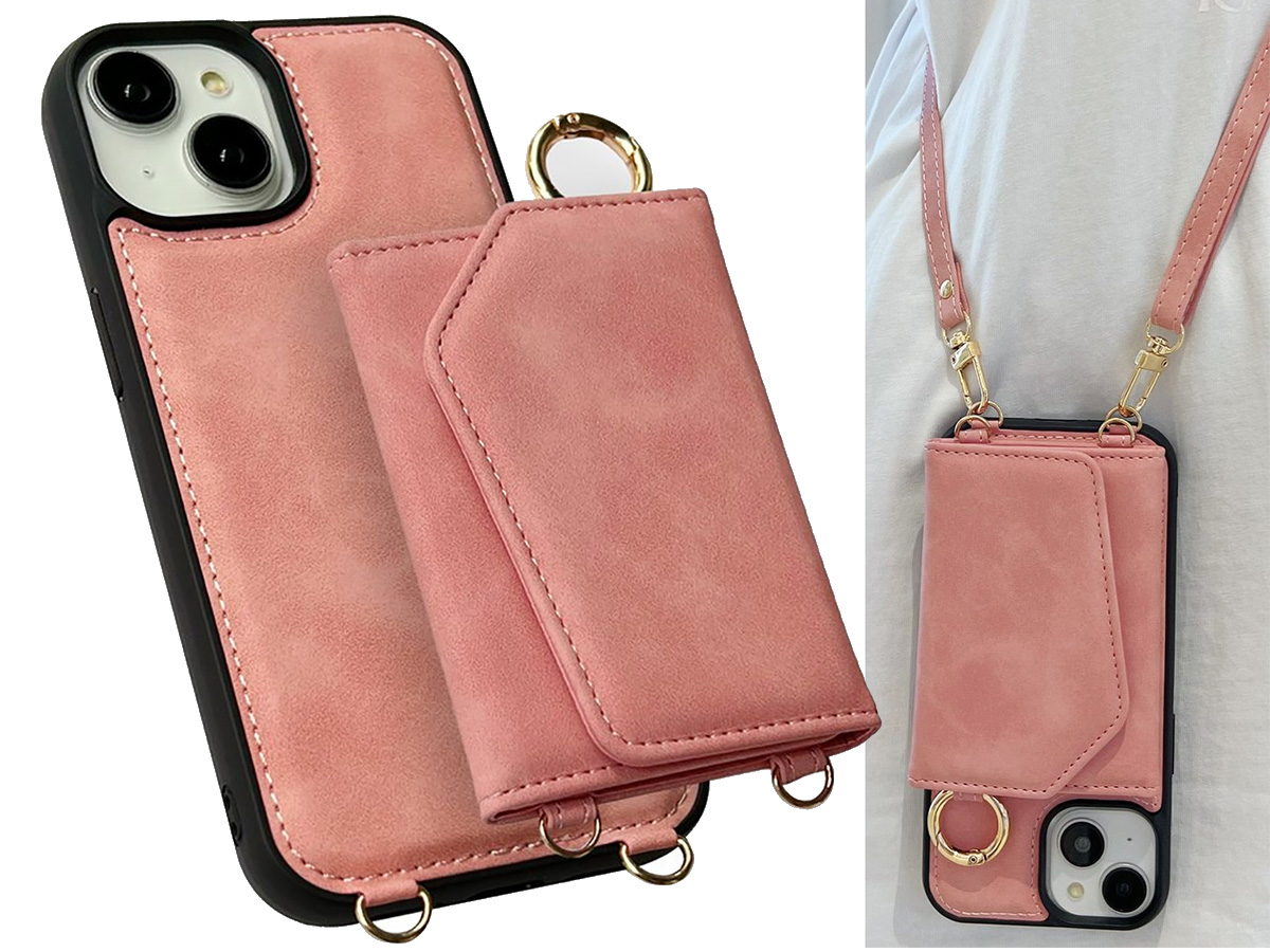 CaseMania 2in1 Koord Case met MagSafe Spiegel Wallet Roze - iPhone 14 Hoesje