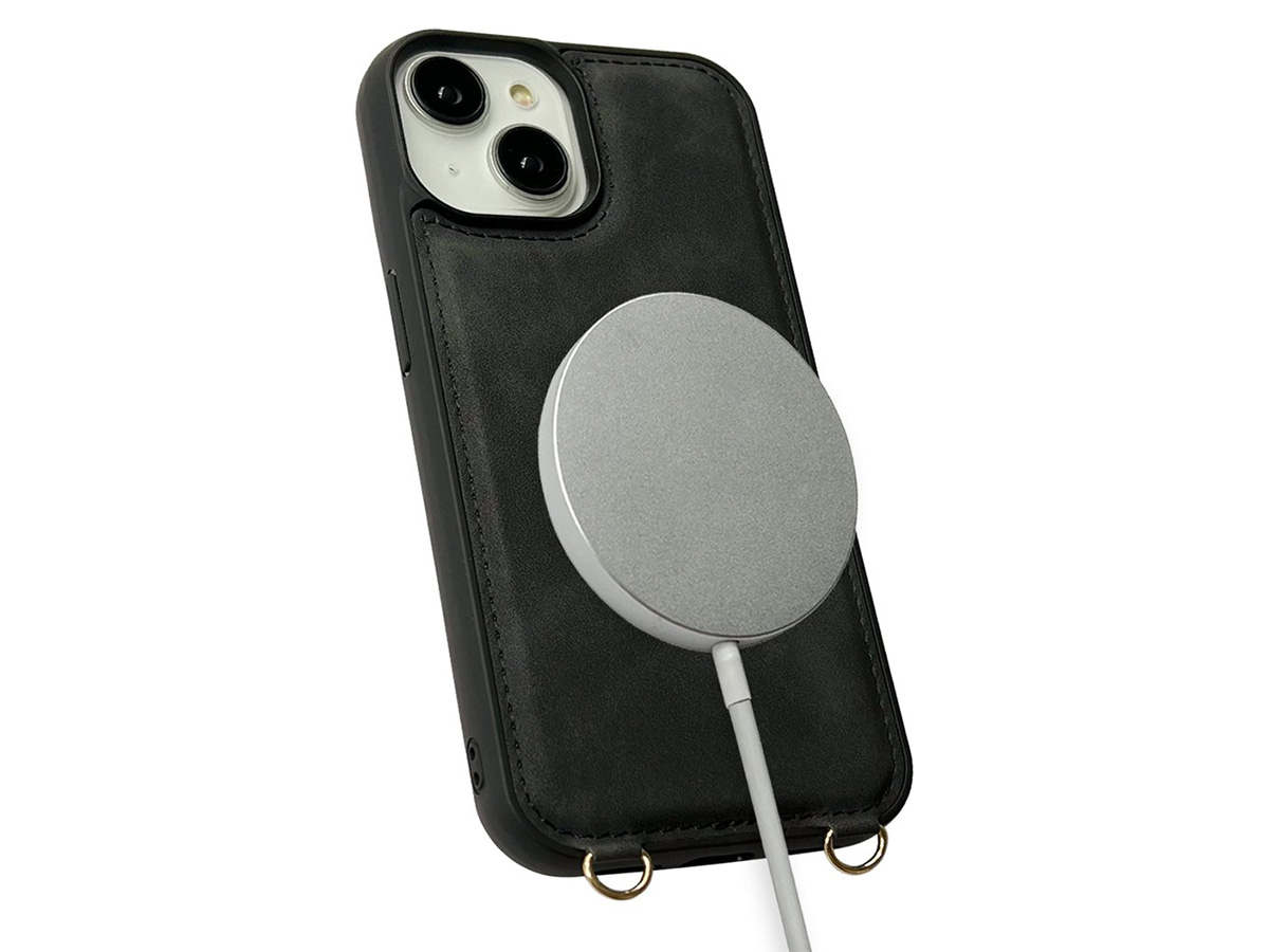 CaseMania 2in1 Koord Case met MagSafe Spiegel Wallet Zwart - iPhone 14 Hoesje