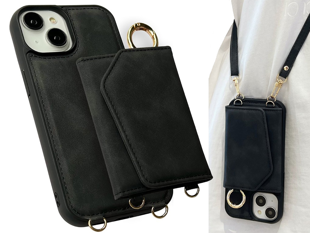 CaseMania 2in1 Koord Case met MagSafe Spiegel Wallet Zwart - iPhone 14 Hoesje