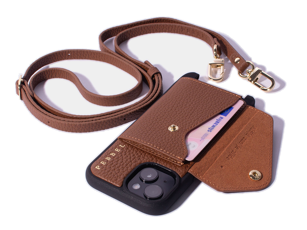 Pebbel Crossbody Case met Leren Koord - iPhone 14 Hoesje Leer Cognac