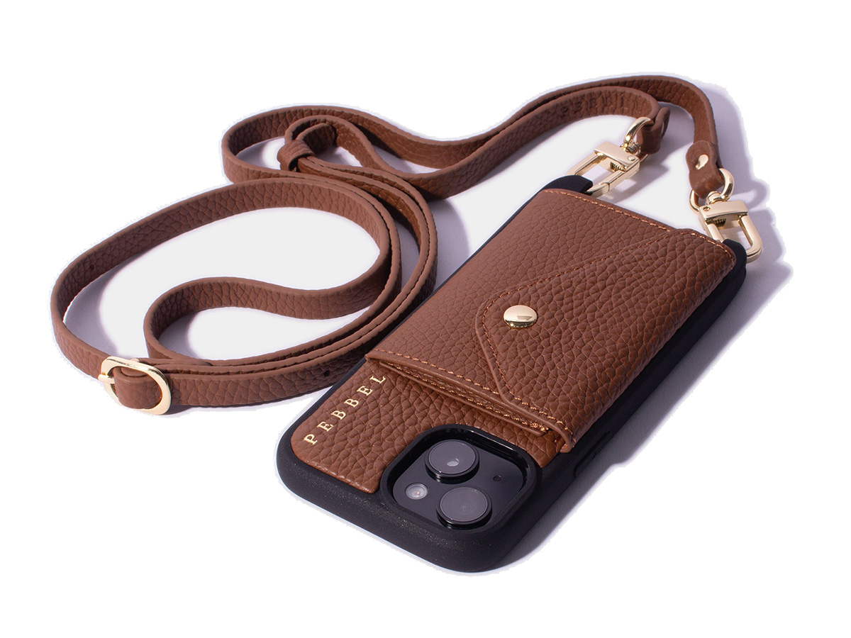 Pebbel Crossbody Case met Leren Koord - iPhone 14 Hoesje Leer Cognac