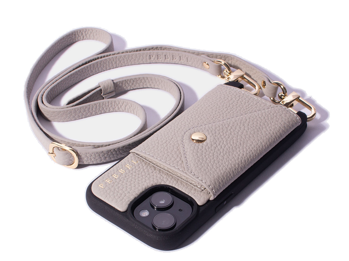 Pebbel Crossbody Case met Leren Koord - iPhone 14 Hoesje Leer Greige