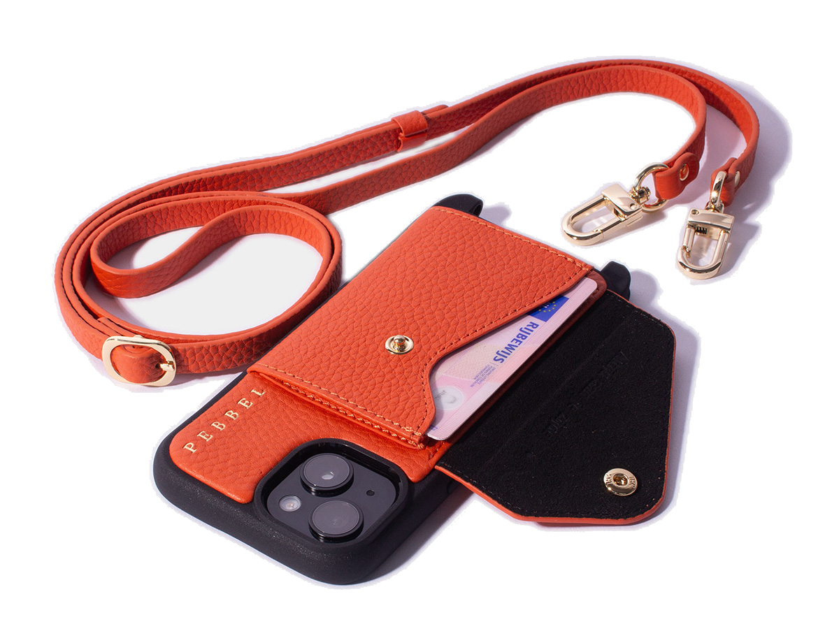 Pebbel Crossbody Case met Leren Koord - iPhone 14 Hoesje Leer Oranje