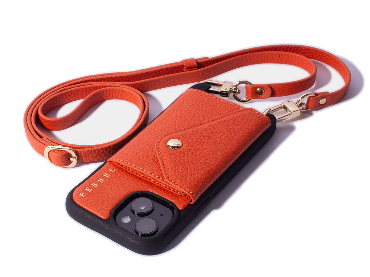 Pebbel Crossbody Case met Leren Koord - iPhone 14 Hoesje Leer Oranje