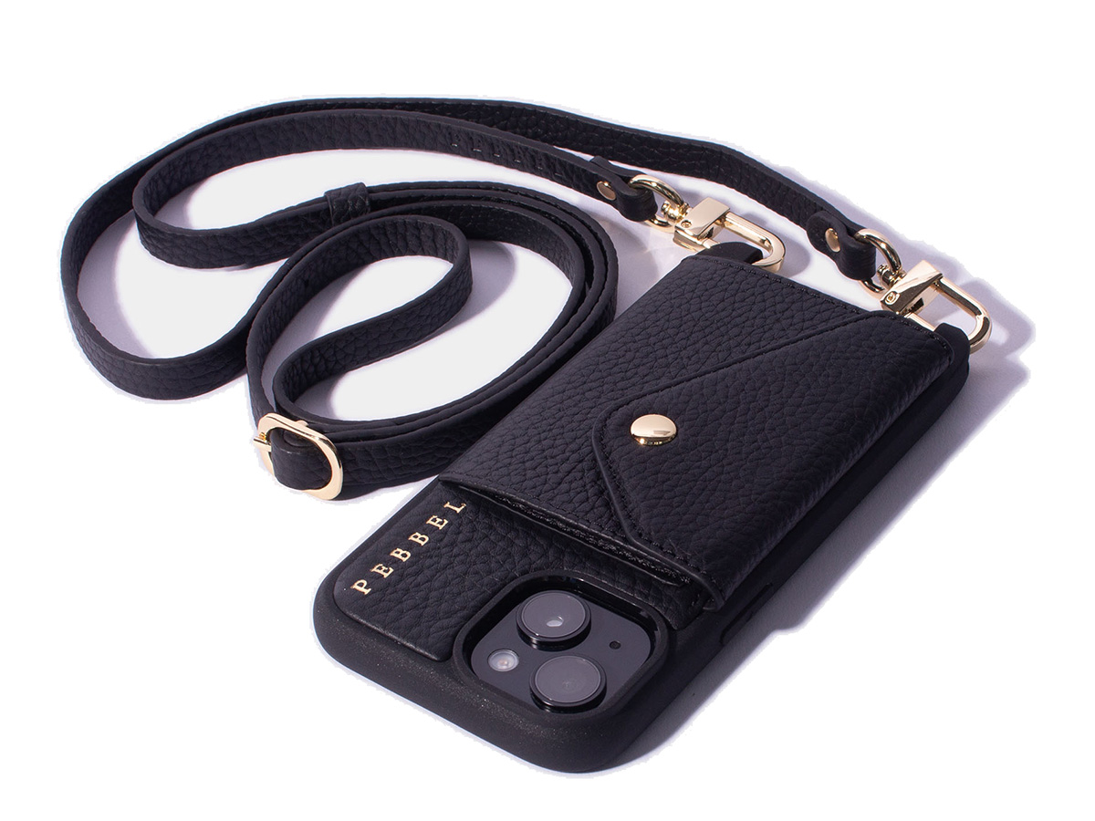 Pebbel Crossbody Case met Leren Koord - iPhone 14 Hoesje Leer Zwart