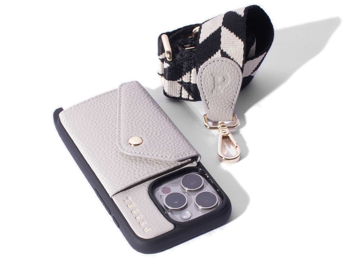 Pebbel Crossbody Case met Jessie Koord - iPhone 14 Plus Hoesje Leer Greige