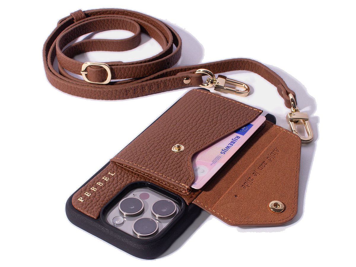 Pebbel Crossbody Case met Leren Koord - iPhone 14 Pro Max Hoesje Leer Cognac