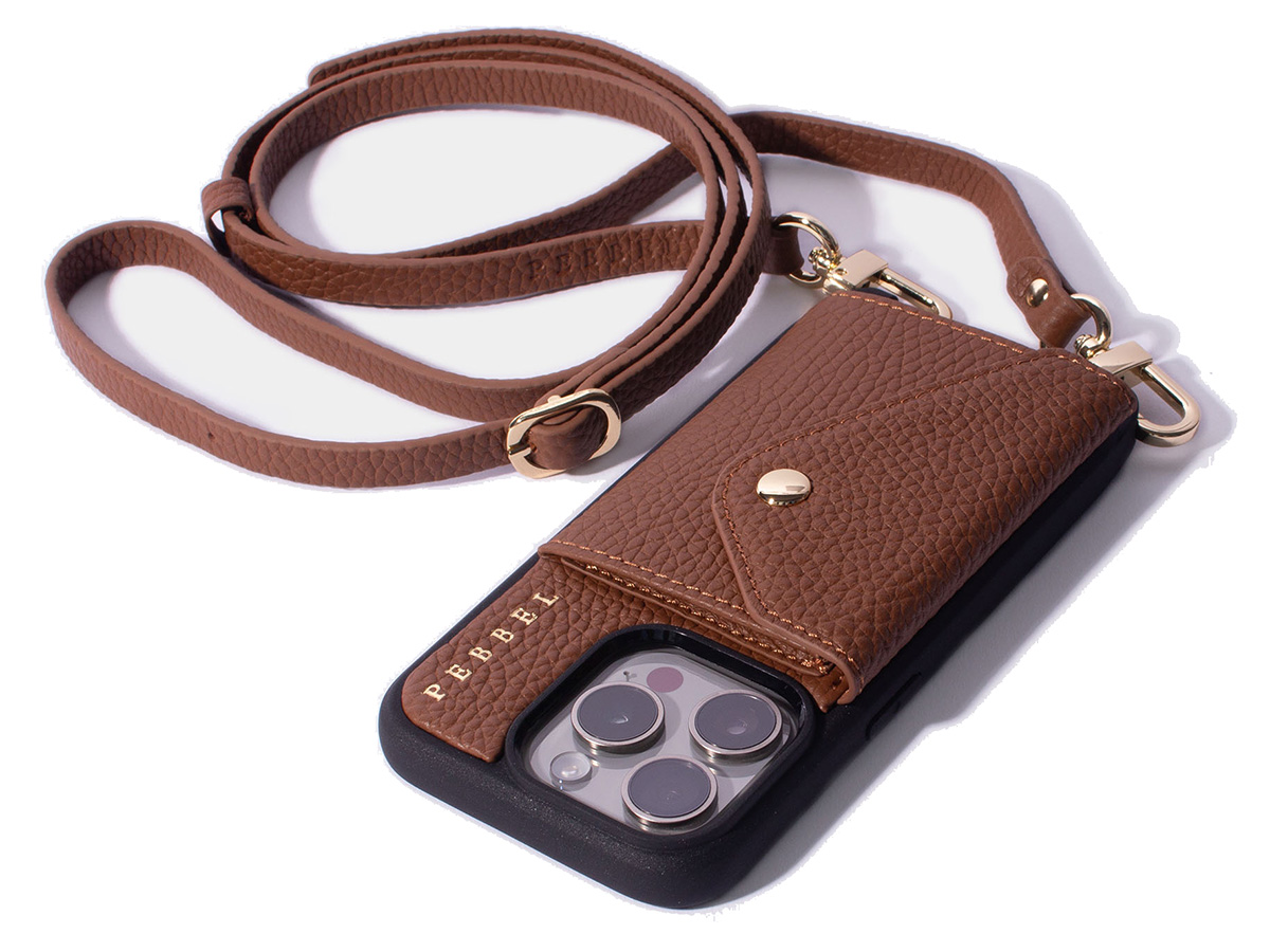 Pebbel Crossbody Case met Leren Koord - iPhone 14 Pro Max Hoesje Leer Cognac