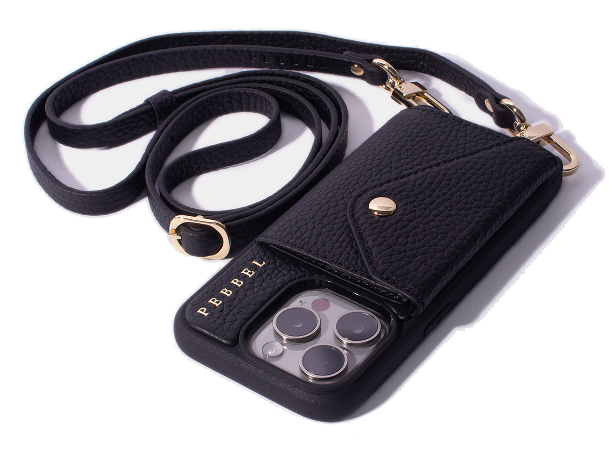 Pebbel Crossbody Case met Leren Koord - iPhone 14 Pro Max Hoesje Leer Zwart