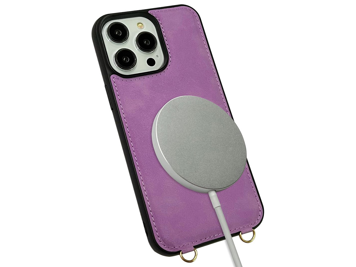 CaseMania 2in1 Koord Case met MagSafe Spiegel Wallet Paars - iPhone 15 Pro Hoesje