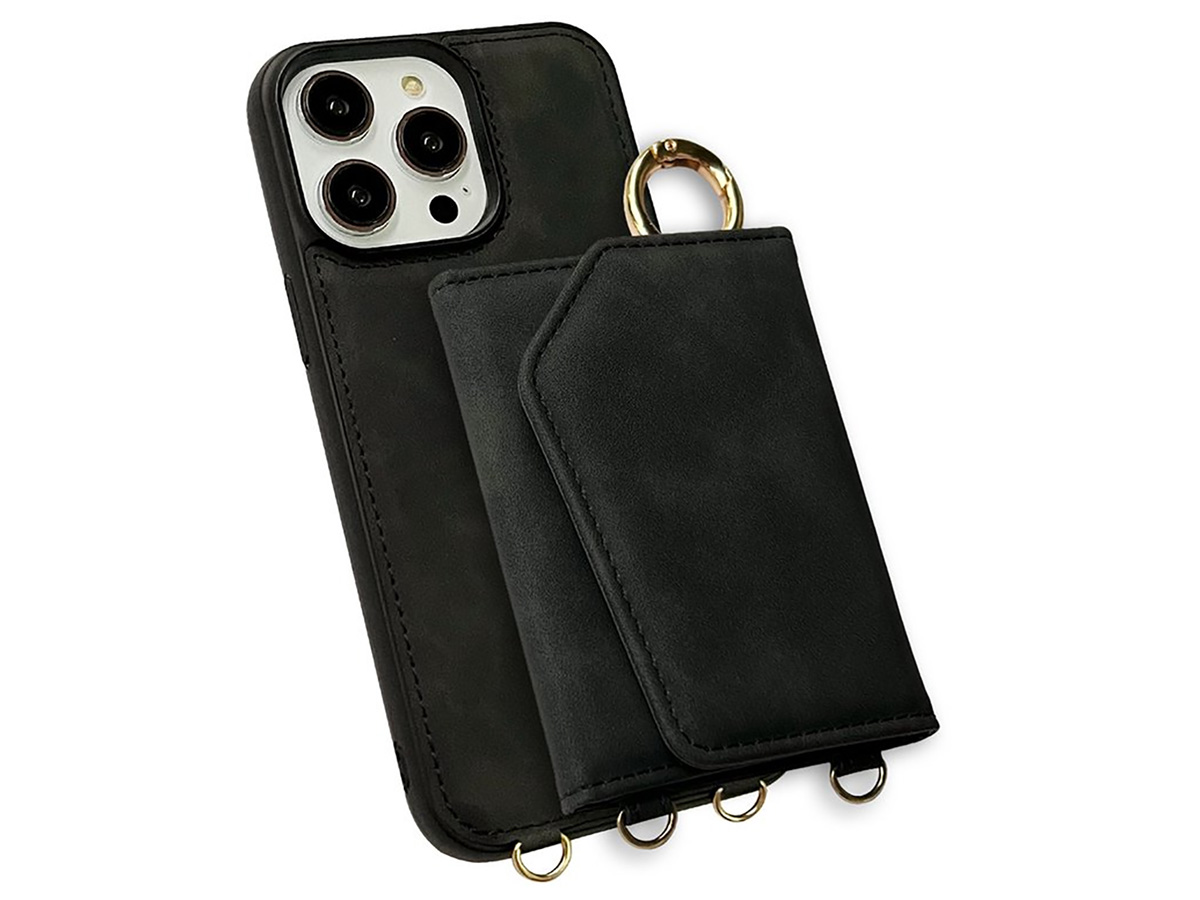 CaseMania 2in1 Koord Case Spiegel Wallet Zwart - iPhone 15 Pro Max Hoesje