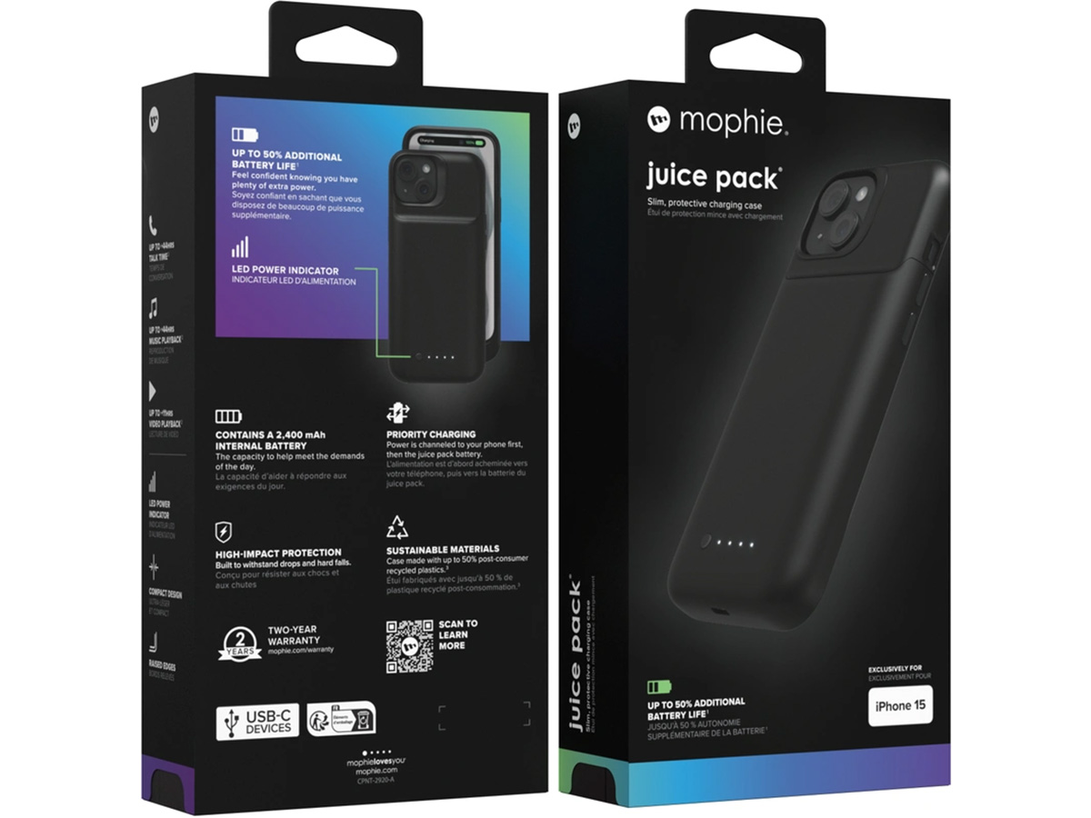 Mophie Juice Pack - iPhone 15 Hoesje met 2400mAh Powerbank