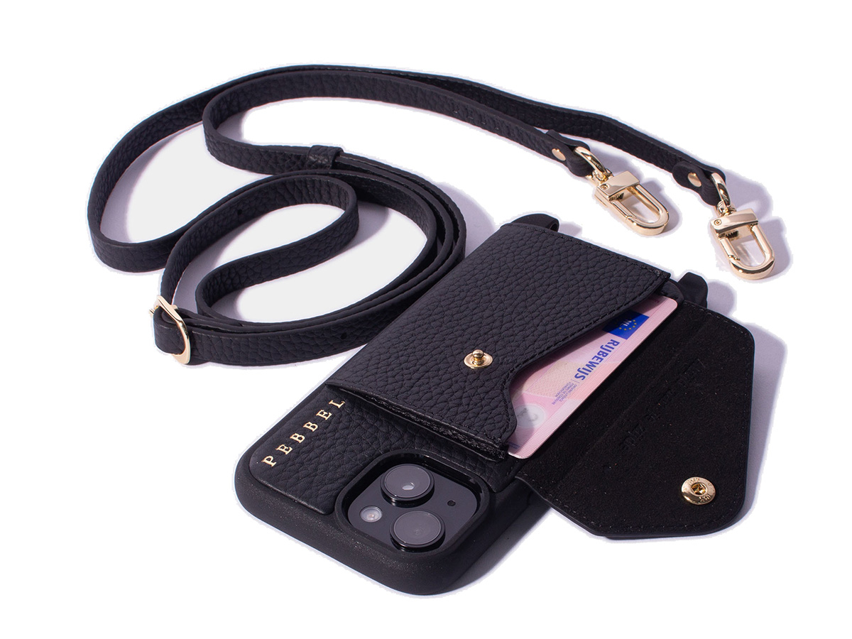 Pebbel Crossbody Case met Koord - iPhone 15 Hoesje Leer Zwart