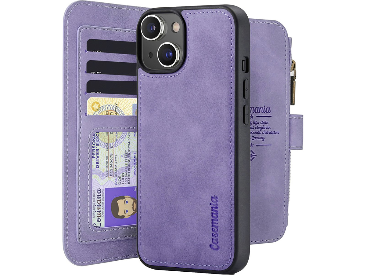 CaseMania 2in1 Wallet Ritsvak Case Lila Paars - iPhone 15 Plus Hoesje