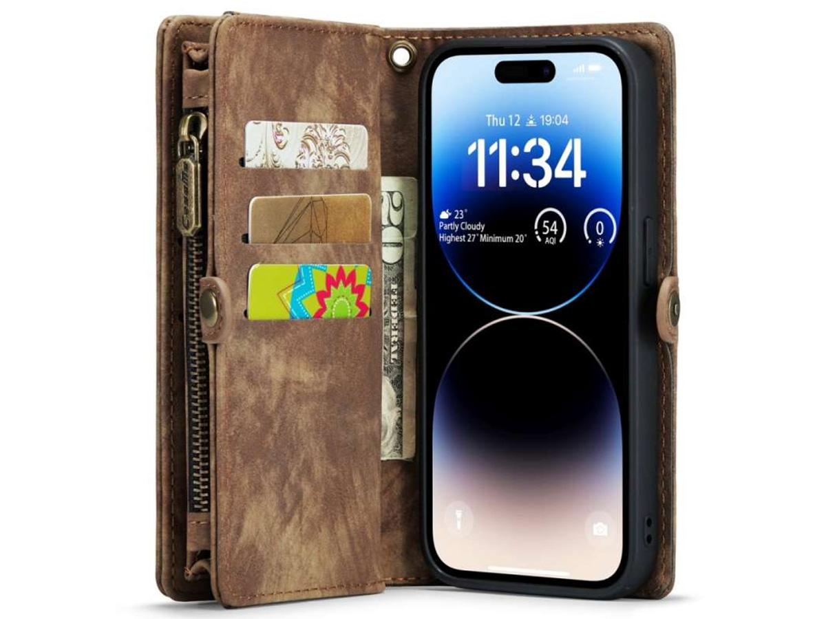 CaseMe 2in1 Wallet Case met Ritsvak Bruin - iPhone 15 Plus Hoesje