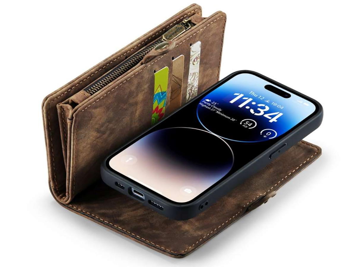 CaseMe 2in1 Wallet Case met Ritsvak Bruin - iPhone 15 Plus Hoesje