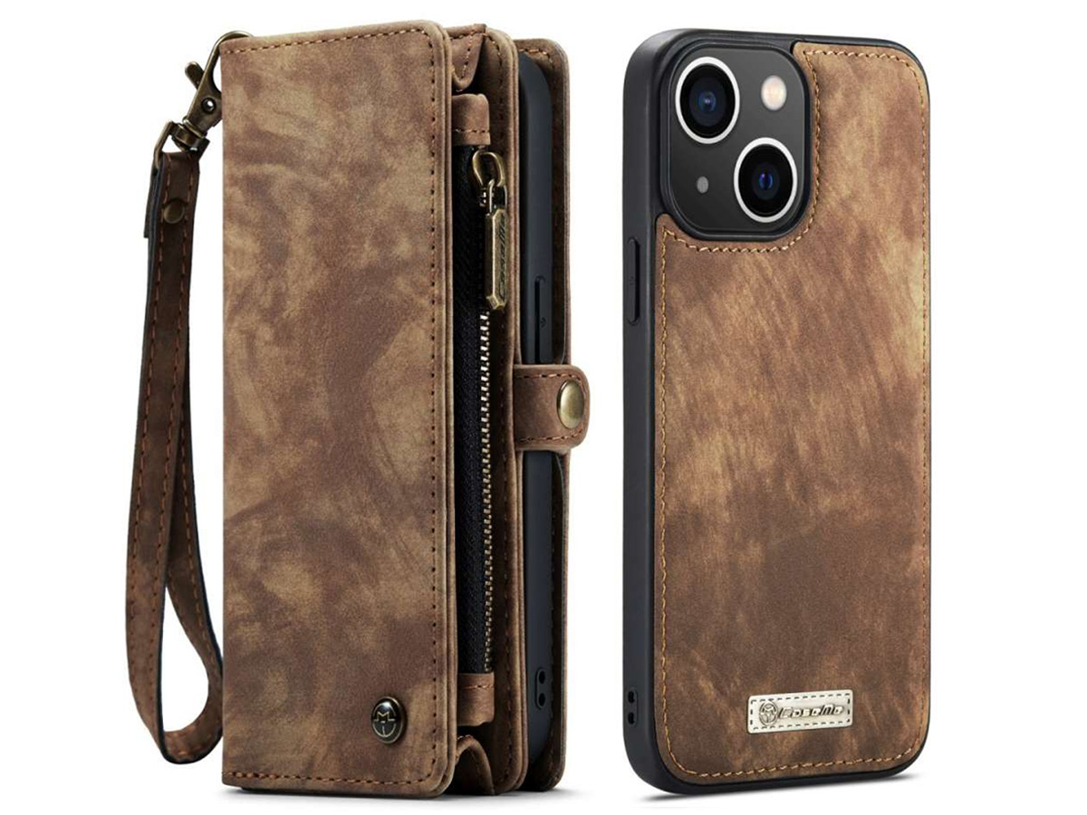 CaseMe 2in1 Wallet Case met Ritsvak Bruin - iPhone 15 Plus Hoesje