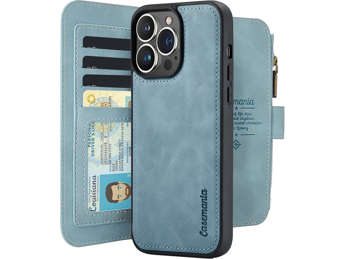 CaseMania 2in1 Wallet Ritsvak Case Aqua - iPhone 15 Pro Hoesje