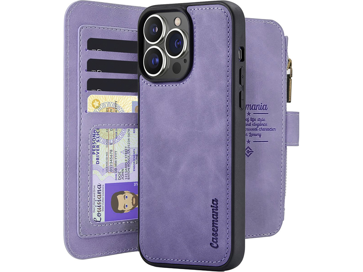 CaseMania 2in1 Wallet Ritsvak Case Lila Paars - iPhone 15 Pro Hoesje