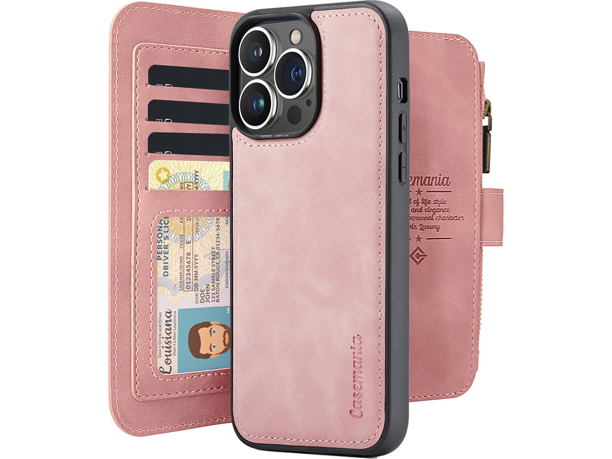 CaseMania 2in1 Wallet Ritsvak Case Roze - iPhone 15 Pro Hoesje