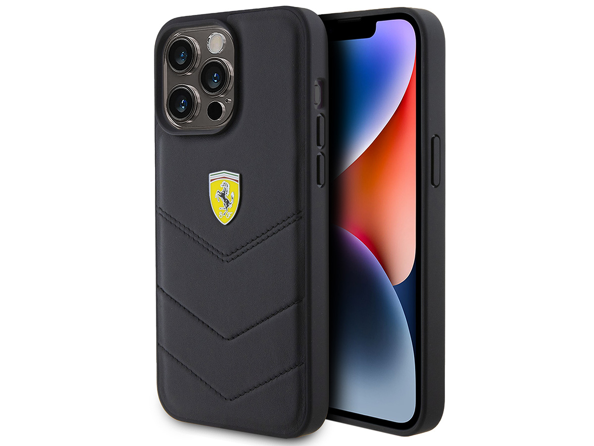 Ferrari Quilted Leather Case Zwart - iPhone 15 Pro Hoesje