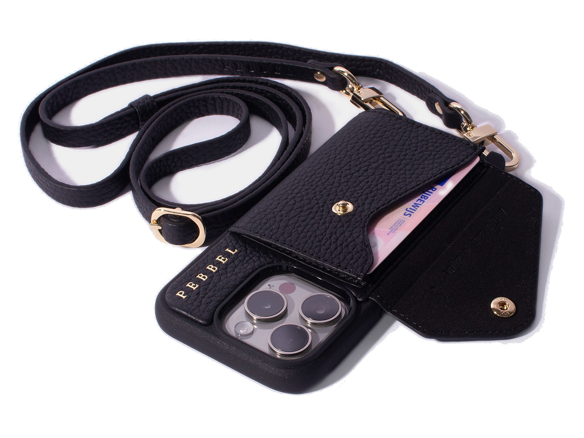 Pebbel Crossbody Case met Koord - iPhone 15 Pro Hoesje Leer Zwart