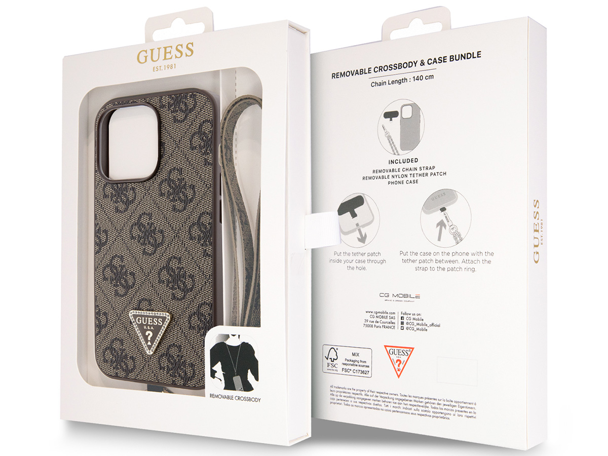 Guess 4G Monogram Necklace Case Bruin - iPhone 15 Pro Max hoesje Nekkoord