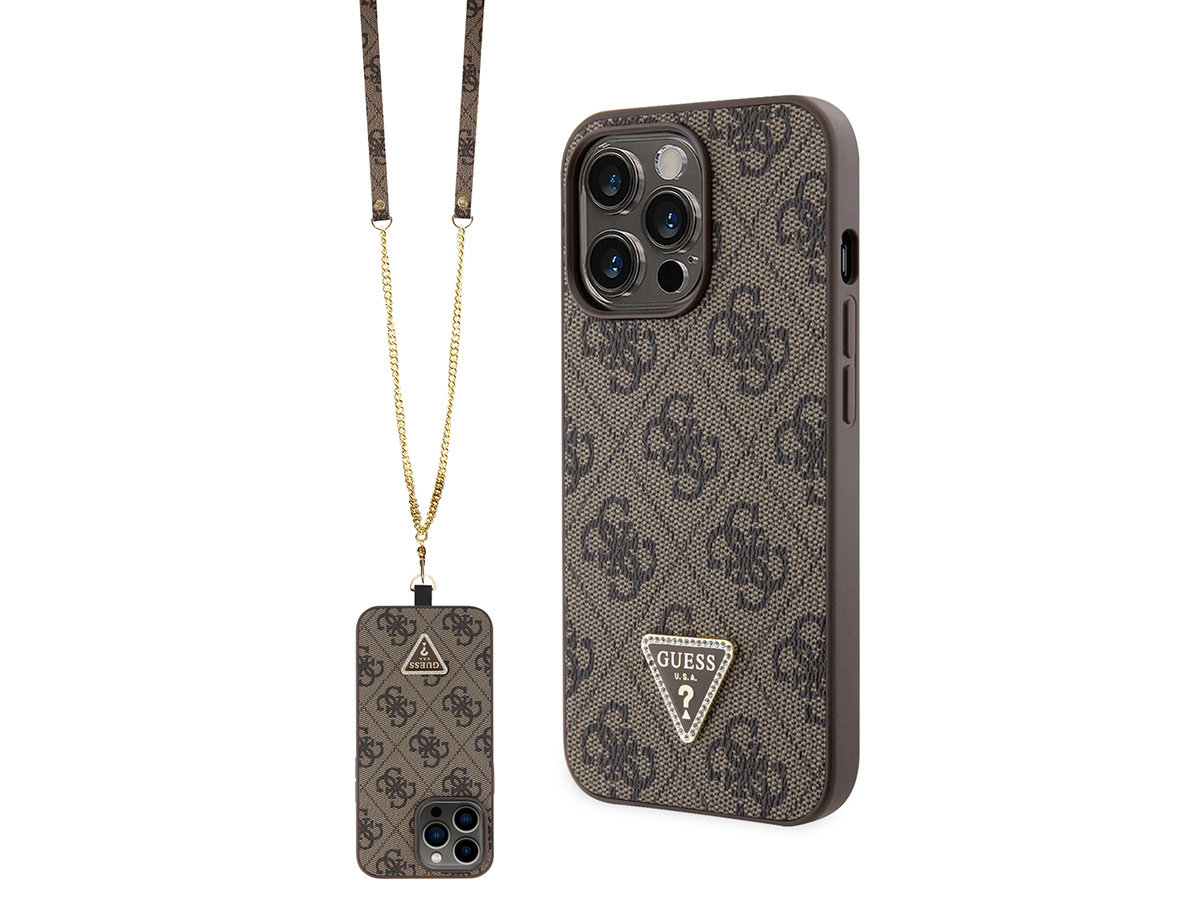 Guess 4G Monogram Necklace Case Bruin - iPhone 15 Pro Max hoesje Nekkoord