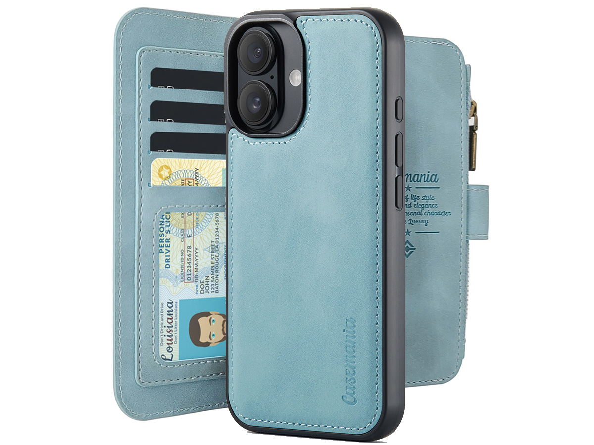 CaseMania 2in1 Wallet Ritsvak Case Aqua - iPhone 16 Hoesje