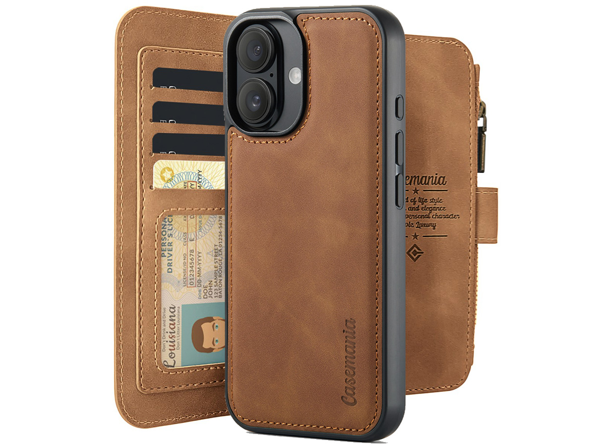 CaseMania 2in1 Wallet Ritsvak Case Cognac - iPhone 16 Hoesje