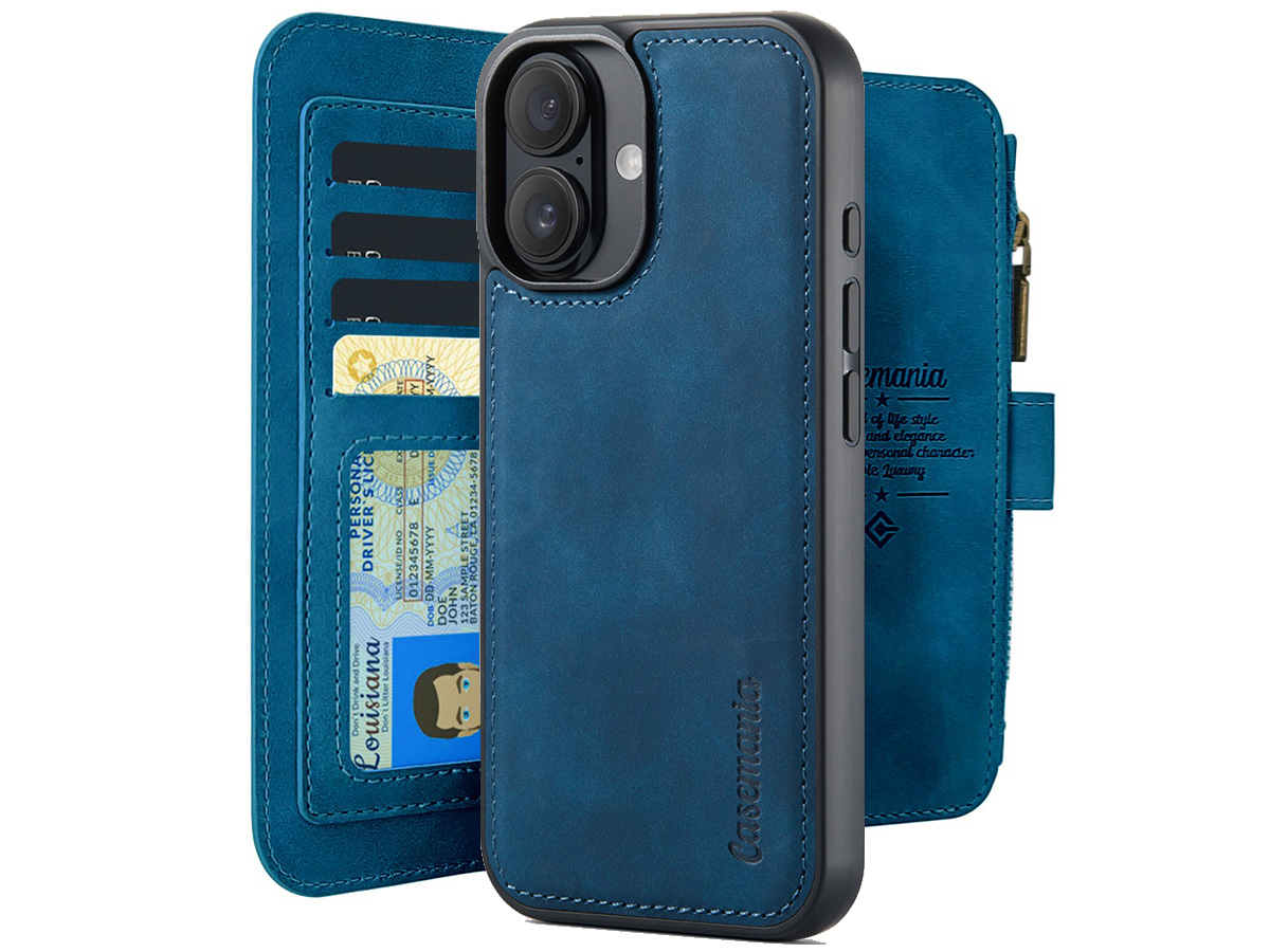 CaseMania 2in1 Wallet Ritsvak Case Donkerblauw - iPhone 16 Hoesje