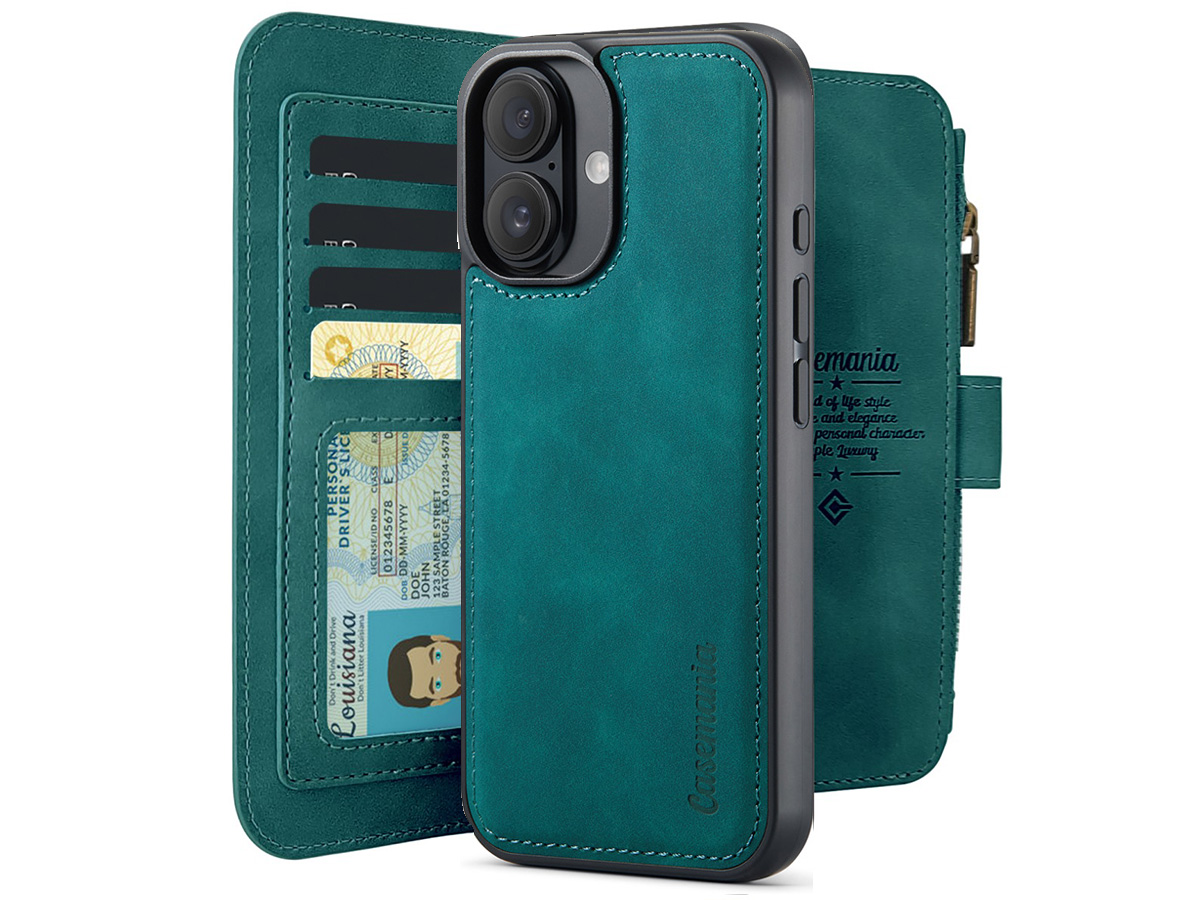 CaseMania 2in1 Wallet Ritsvak Case Groen - iPhone 16 Hoesje