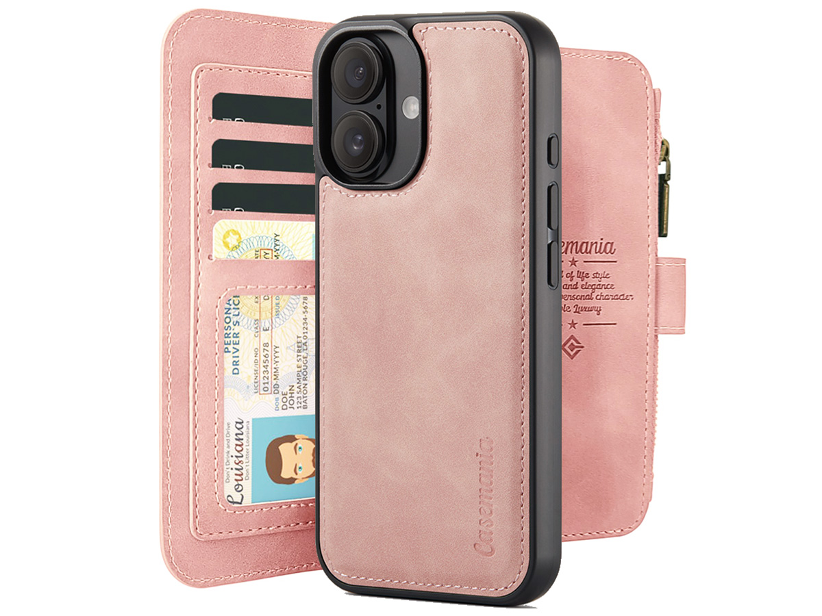 CaseMania 2in1 Wallet Ritsvak Case Roze - iPhone 16 Hoesje