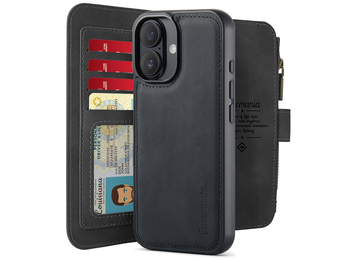 CaseMania 2in1 Wallet Ritsvak Case Zwart - iPhone 16 Hoesje