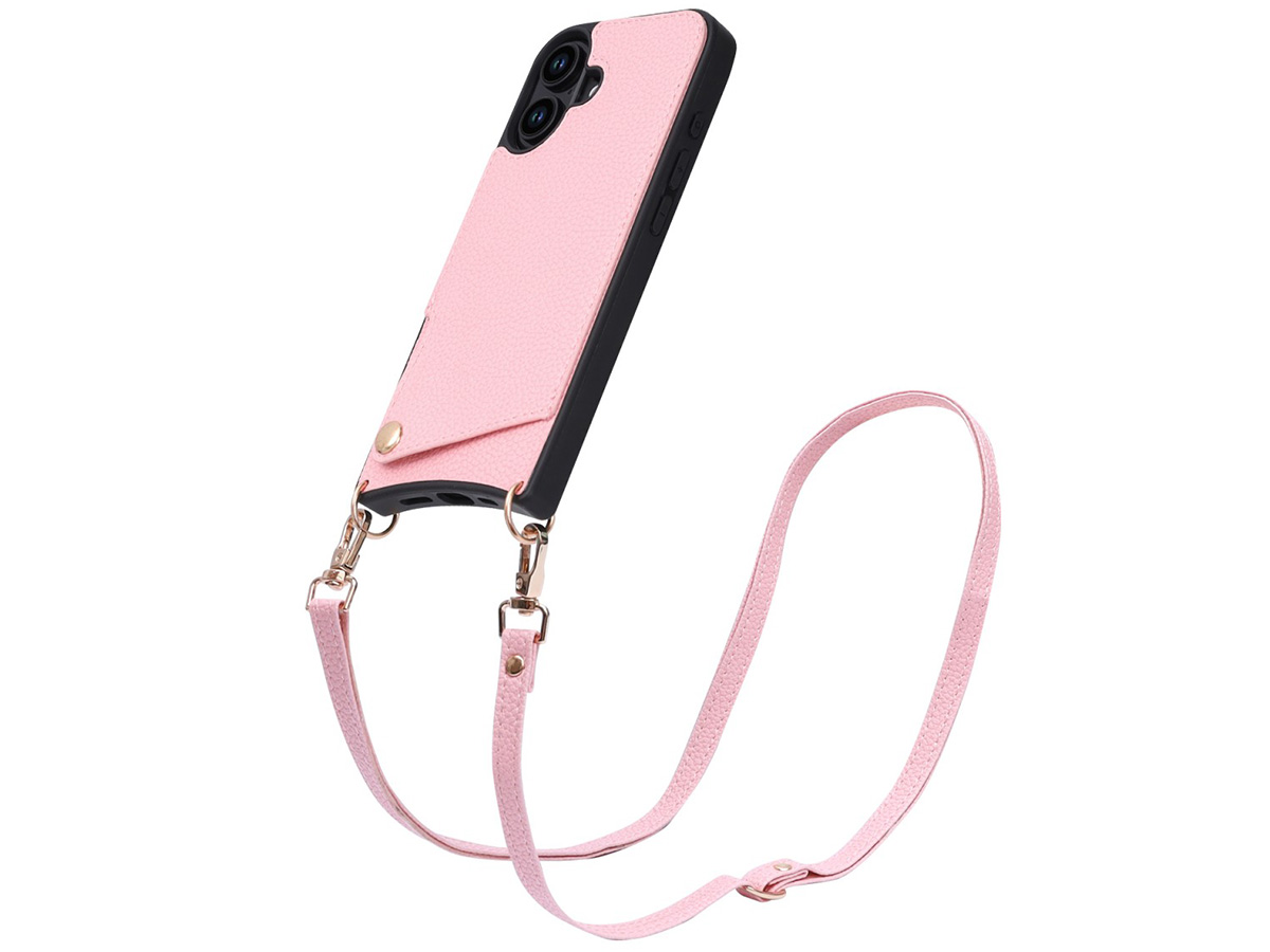 CaseMania Crossbody Card Case met Koord - iPhone 16 Hoesje Roze