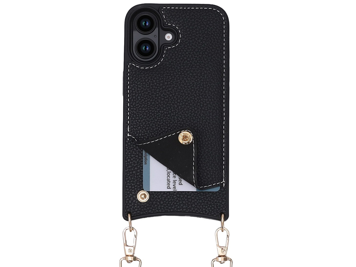 CaseMania Crossbody Card Case met Koord - iPhone 16 Hoesje Zwart