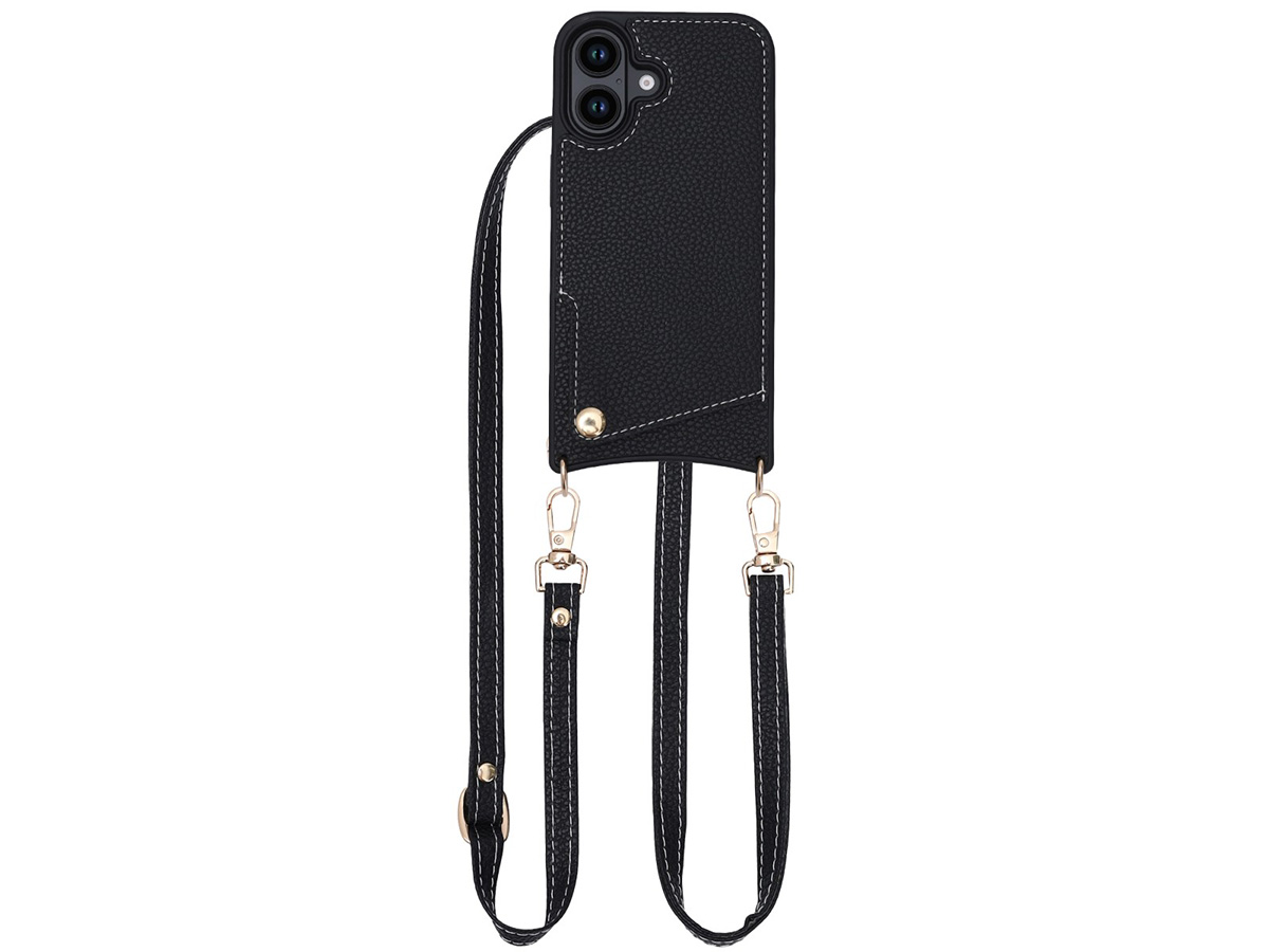 CaseMania Crossbody Card Case met Koord - iPhone 16 Hoesje Zwart