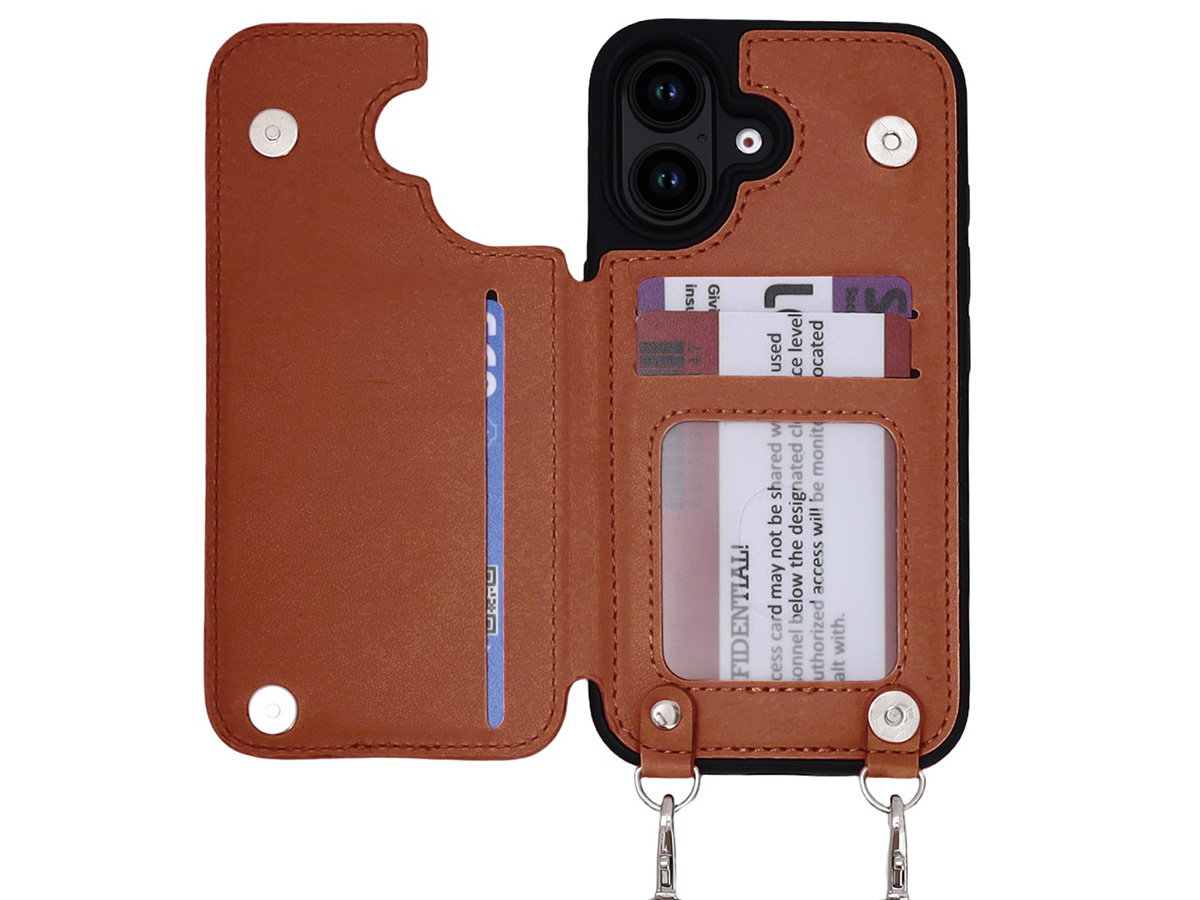 CaseMania Crossbody Wallet Case met Koord - iPhone 16 Hoesje Cognac