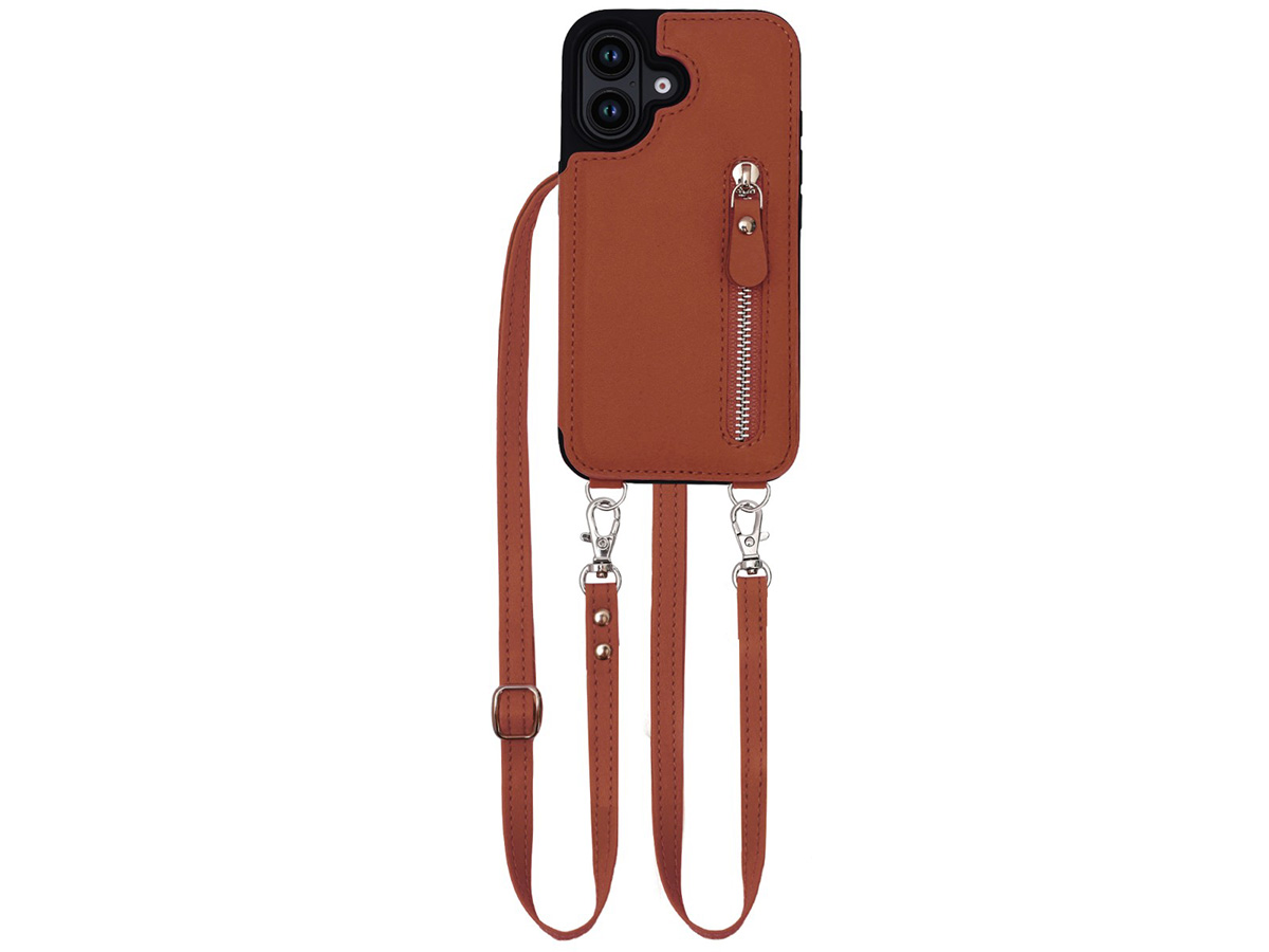 CaseMania Crossbody Wallet Case met Koord - iPhone 16 Hoesje Cognac